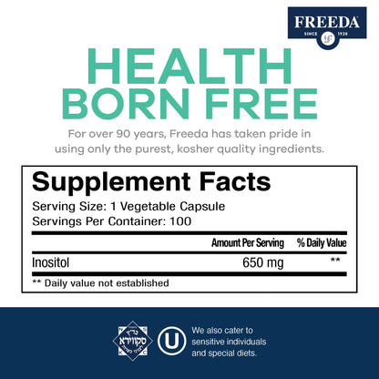 FREEDA Pure Inositol Capsules | Myo-Inositol for Hormonal Balance, Mood Support & Sleep | Kosher, Vegetarian, Made in USA - 100 Count