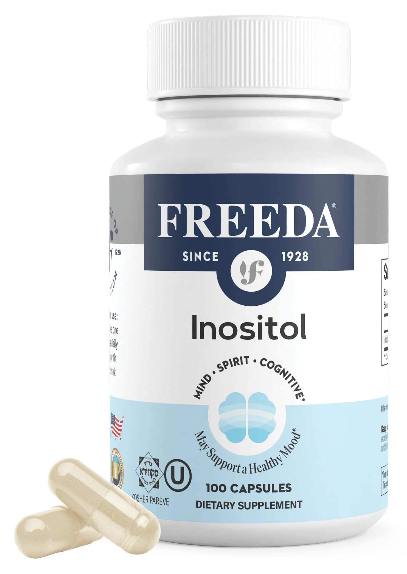 FREEDA Pure Inositol Capsules | Myo-Inositol for Hormonal Balance, Mood Support & Sleep | Kosher, Vegetarian, Made in USA - 100 Count