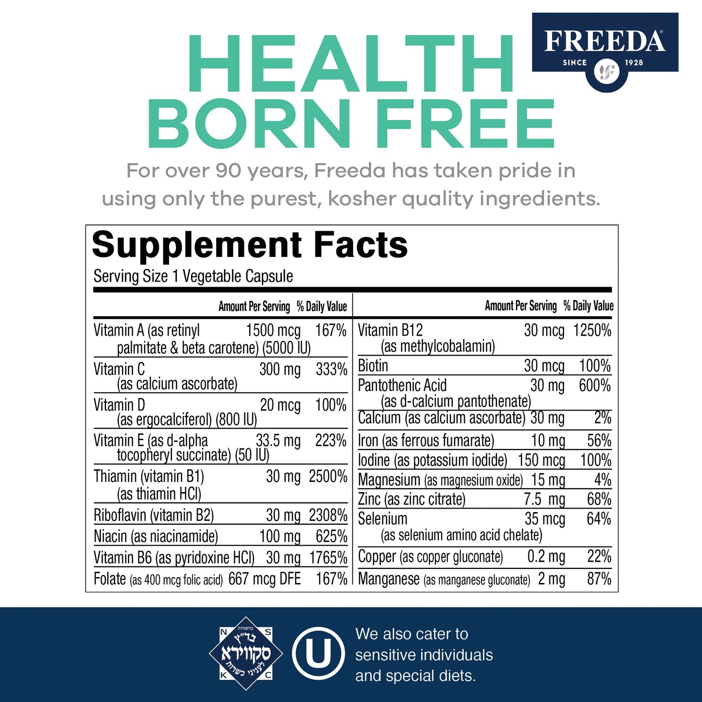 FREEDA Quintabs-M with Iron Multivitamin – Kosher, USA Made – One Daily Vitamin for Women & Iron-Deficient Men (100)