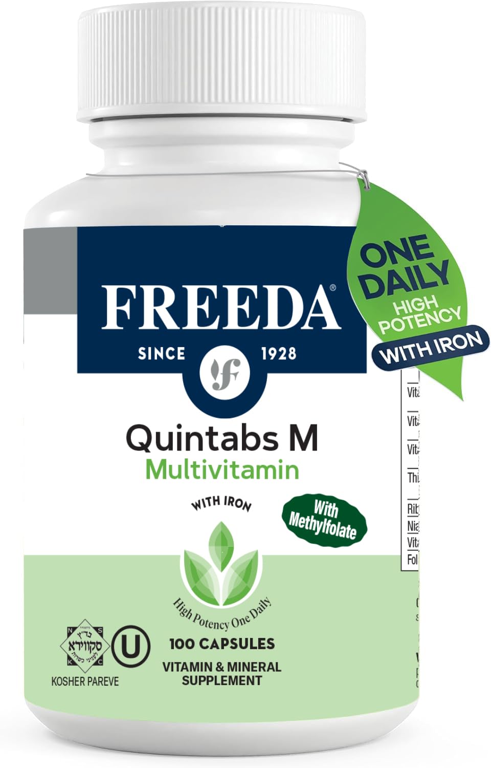 FREEDA Quintabs-M with Iron Multivitamin – Kosher, USA Made – One Daily Vitamin for Women & Iron-Deficient Men (100)