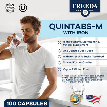 FREEDA Quintabs-M with Iron Multivitamin – Kosher, USA Made – One Daily Vitamin for Women & Iron-Deficient Men (100)