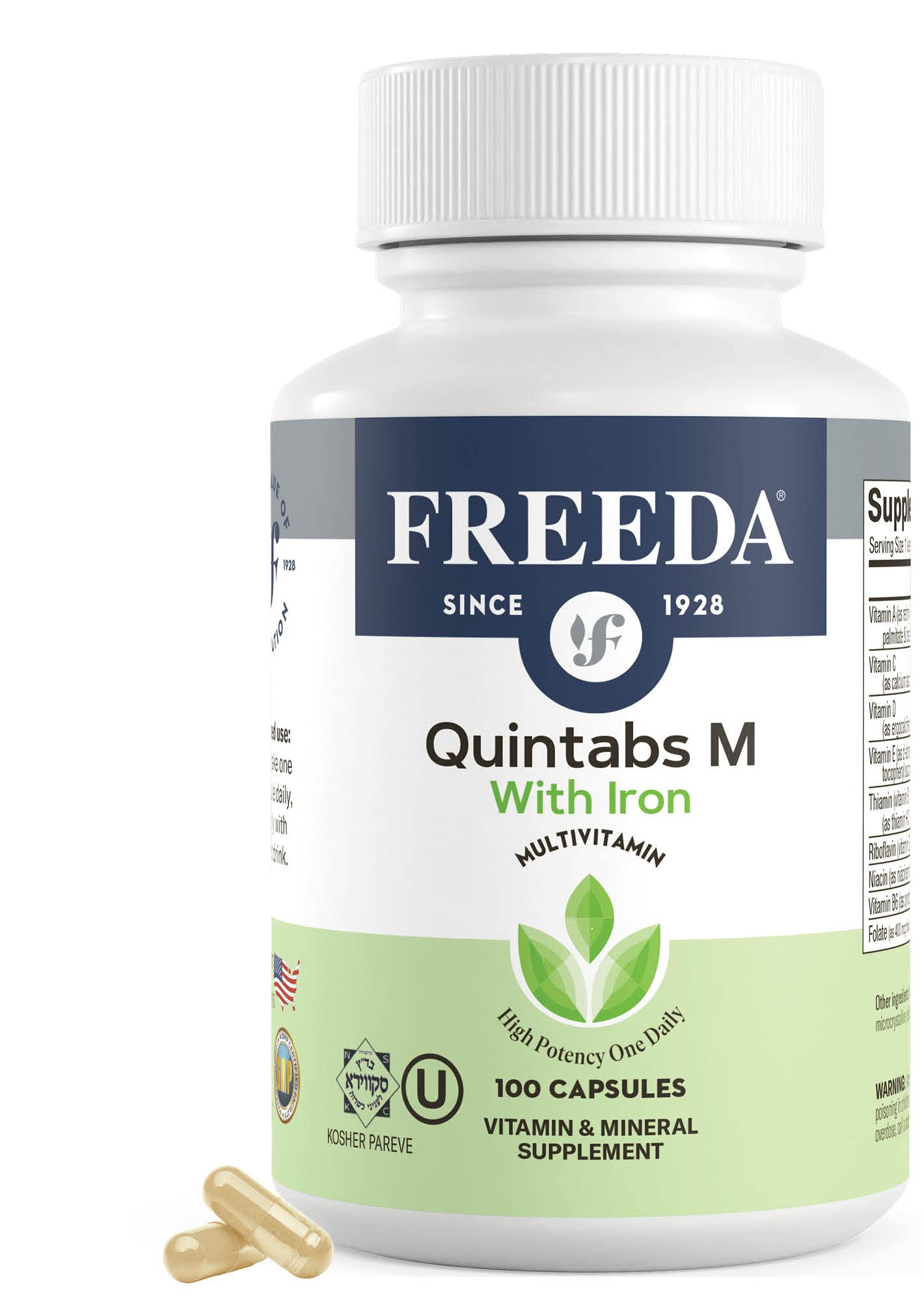 FREEDA Quintabs-M with Iron Multivitamin – Kosher, USA Made – One Daily Vitamin for Women & Iron-Deficient Men (100)