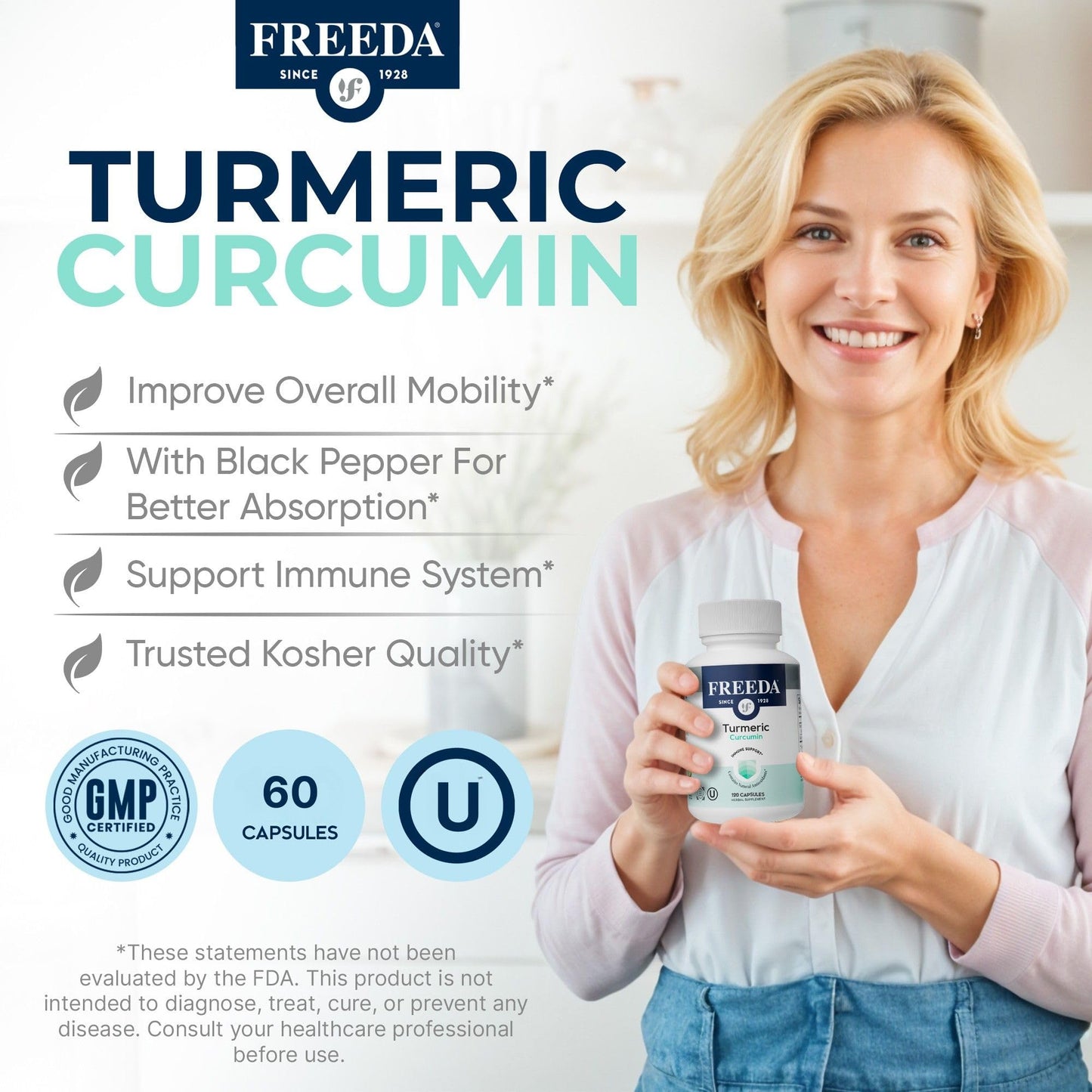 FREEDA Turmeric Curcumin with Black Pepper | 95% Curcuminoids - 60 Capsules
