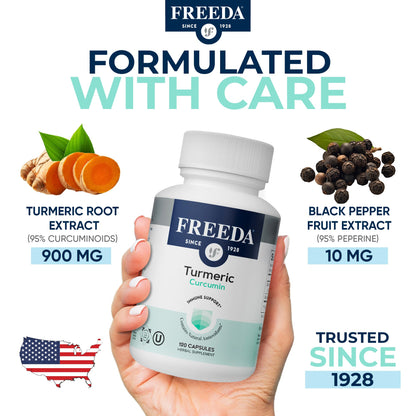 FREEDA Turmeric Curcumin with Black Pepper | 95% Curcuminoids - 60 Capsules