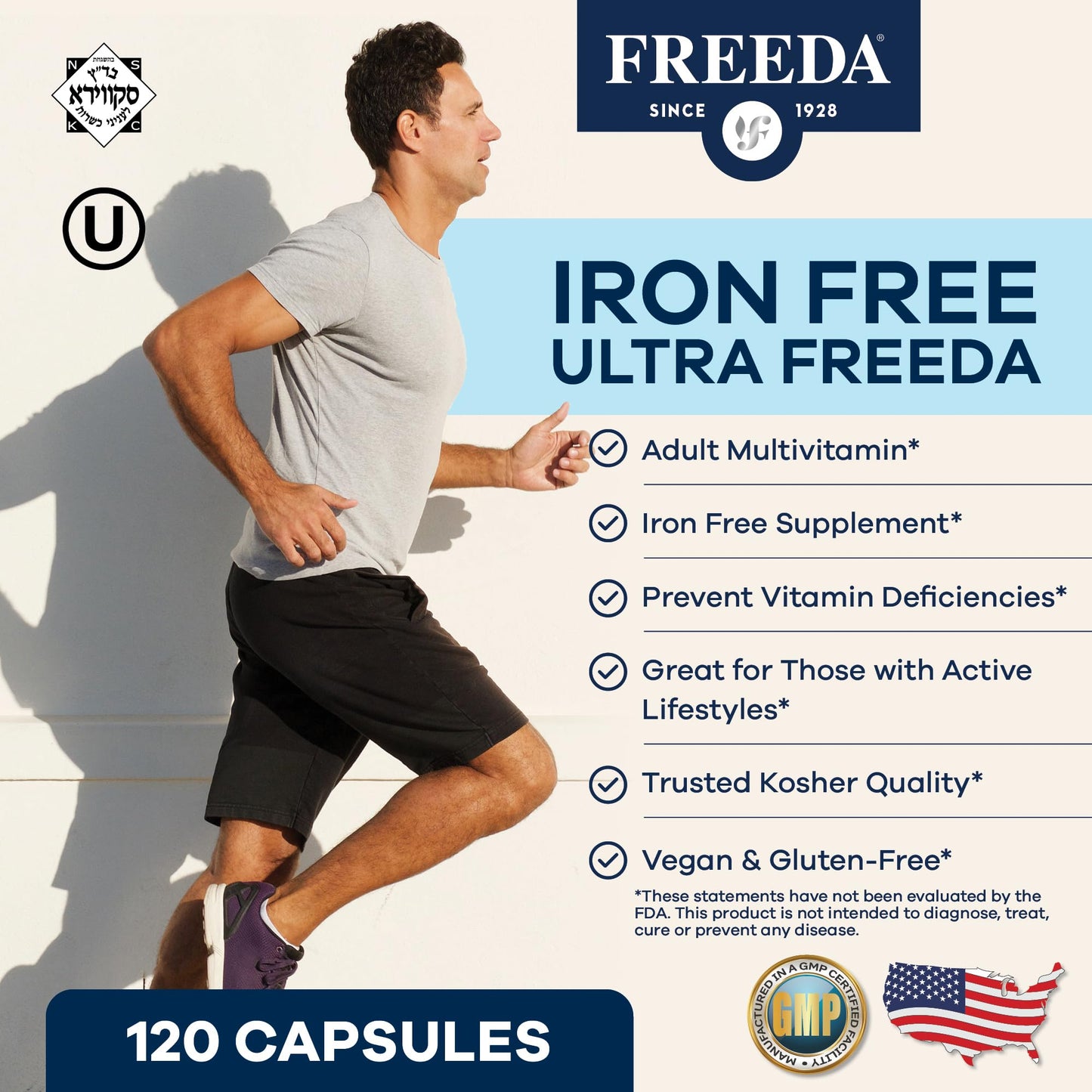 FREEDA Ultra Multivitamin Capsules – Iron-Free High-Potency Daily Supplement (120 Count) – Kosher Certified