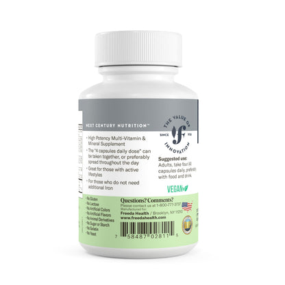 FREEDA Ultra Multivitamin Capsules – Iron-Free High-Potency Daily Supplement (120 Count) – Kosher Certified