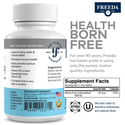 FREEDA Vitamin D3-1000 IU | Kosher High-Potency D3 Tablets (500 Count)
