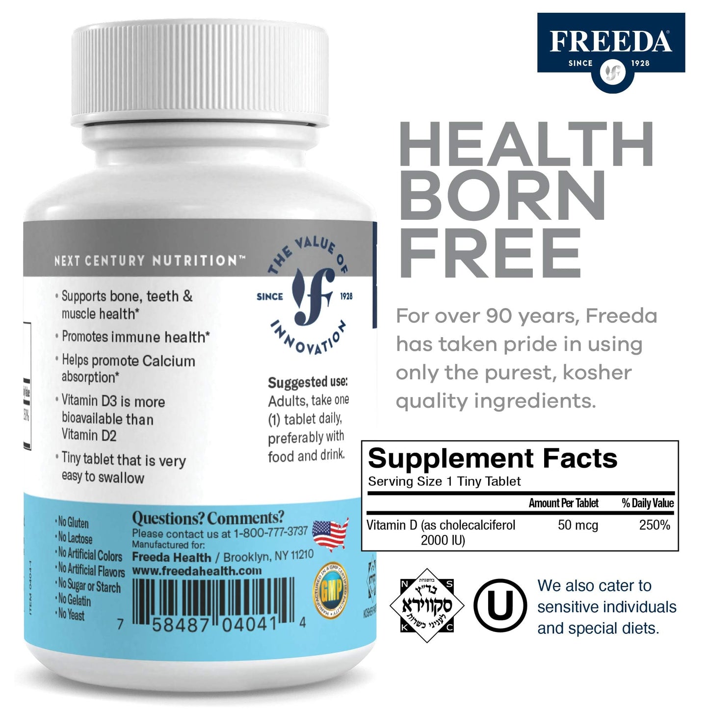 FREEDA Vitamin D3-2000 IU – High-Potency Vitamin D for Bone Strength & Immune Support – Easy-to-Swallow Tablets – 250 Tiny Tablets