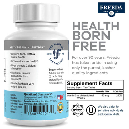 FREEDA Vitamin D3-2000 IU – High-Potency Vitamin D for Bone Strength & Immune Support – Easy-to-Swallow Tablets – 250 Tiny Tablets