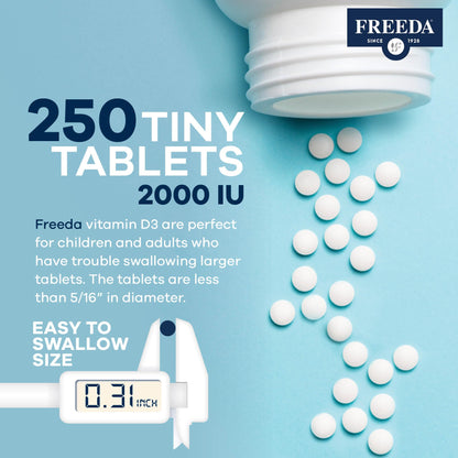 FREEDA Vitamin D3-2000 IU – High-Potency Vitamin D for Bone Strength & Immune Support – Easy-to-Swallow Tablets – 250 Tiny Tablets