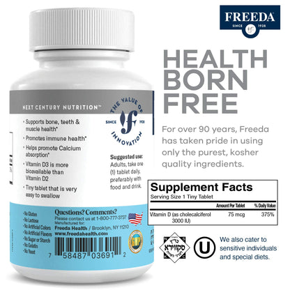 FREEDA Vitamin D3 3000 IU – High-Potency D3 for Bone Health & Immune Support