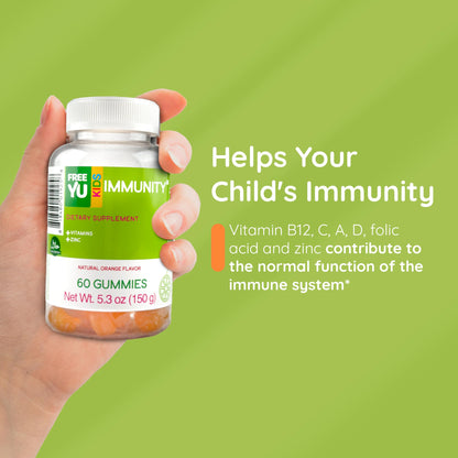FREEYU Halal & Gluten Free Kids Immunity Gummy – Chewable Multivitamin with B12, C, D, E, A, Zinc | 60 Gummies