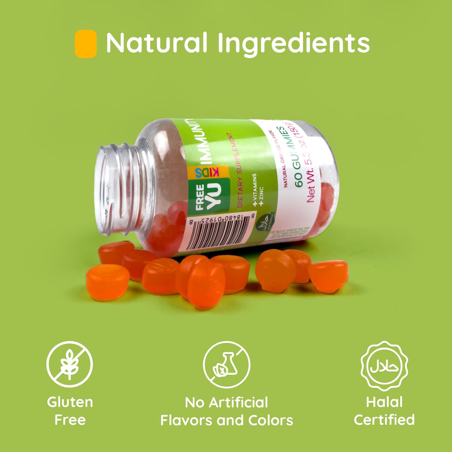 FREEYU Halal & Gluten Free Kids Immunity Gummy – Chewable Multivitamin with B12, C, D, E, A, Zinc | 60 Gummies