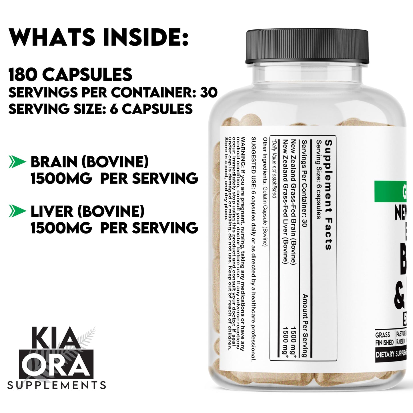Grass-Fed Bovine Brain & Liver | Cognitive, Mood & Energy Support | New Zealand Sourced, Pasture-Raised, Freeze-Dried, Non-GMO | 180ct