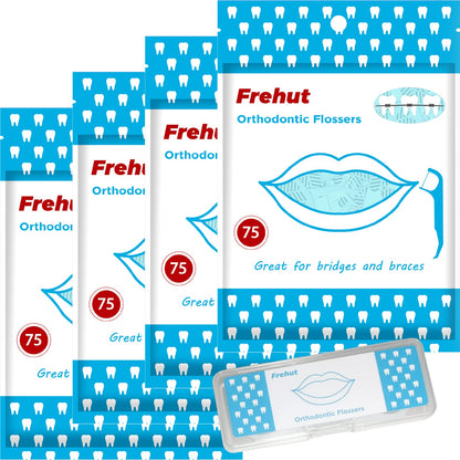 Frehut 300 Count Orthodontic Flossers for Braces – Ortho Dental Floss Picks, 4 Pack (75 Count Each) with Travel Case
