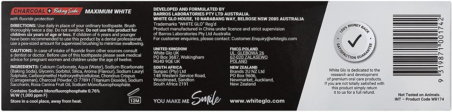 White Glo Charcoal + Baking Soda Maximum White Toothpaste 150g