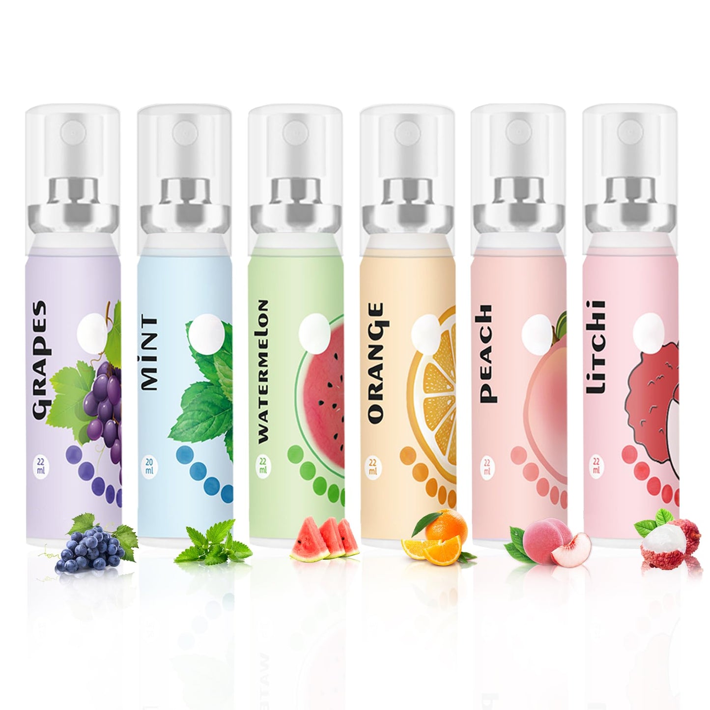 6PCS Fresh Breath Spray Set - Fruity Mouth Fresheners (Mint, Peach, Orange, Watermelon, Grape, Lychee)