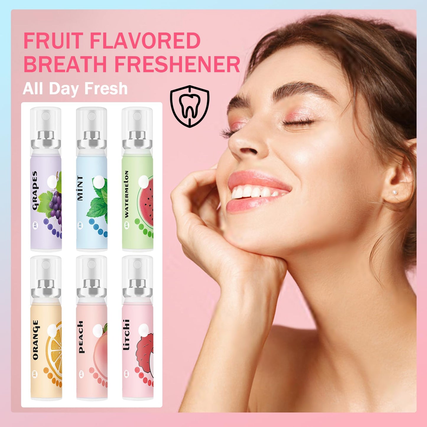 6PCS Fresh Breath Spray Set - Fruity Mouth Fresheners (Mint, Peach, Orange, Watermelon, Grape, Lychee)