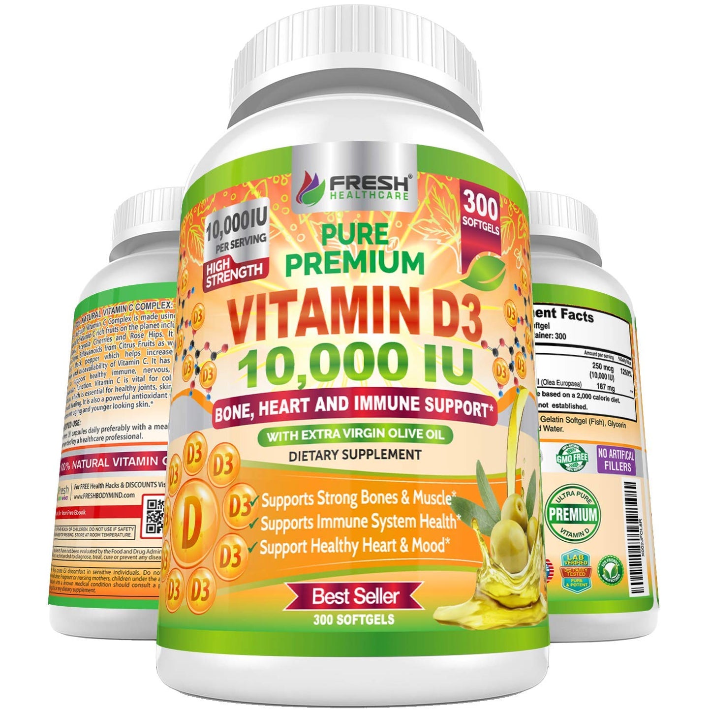 Fresh Healthcare Vitamin D3 10000 IU with Extra Virgin Olive Oil - Immune Support - 300 Softgels