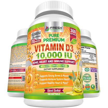 Fresh Healthcare Vitamin D3 10000 IU with Extra Virgin Olive Oil - Immune Support - 300 Softgels