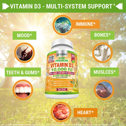 Fresh Healthcare Vitamin D3 10000 IU with Extra Virgin Olive Oil - Immune Support - 300 Softgels