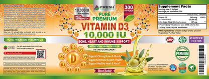 Fresh Healthcare Vitamin D3 10000 IU with Extra Virgin Olive Oil - Immune Support - 300 Softgels