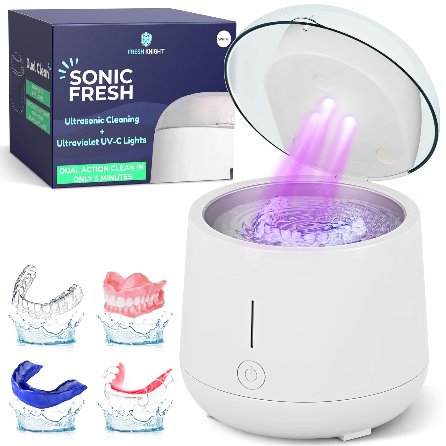 Fresh Knight Ultrasonic Retainer Cleaner – 45kHz Dental Cleaning Pod (200ml) for Dentures, Mouth Guards & Night Guards