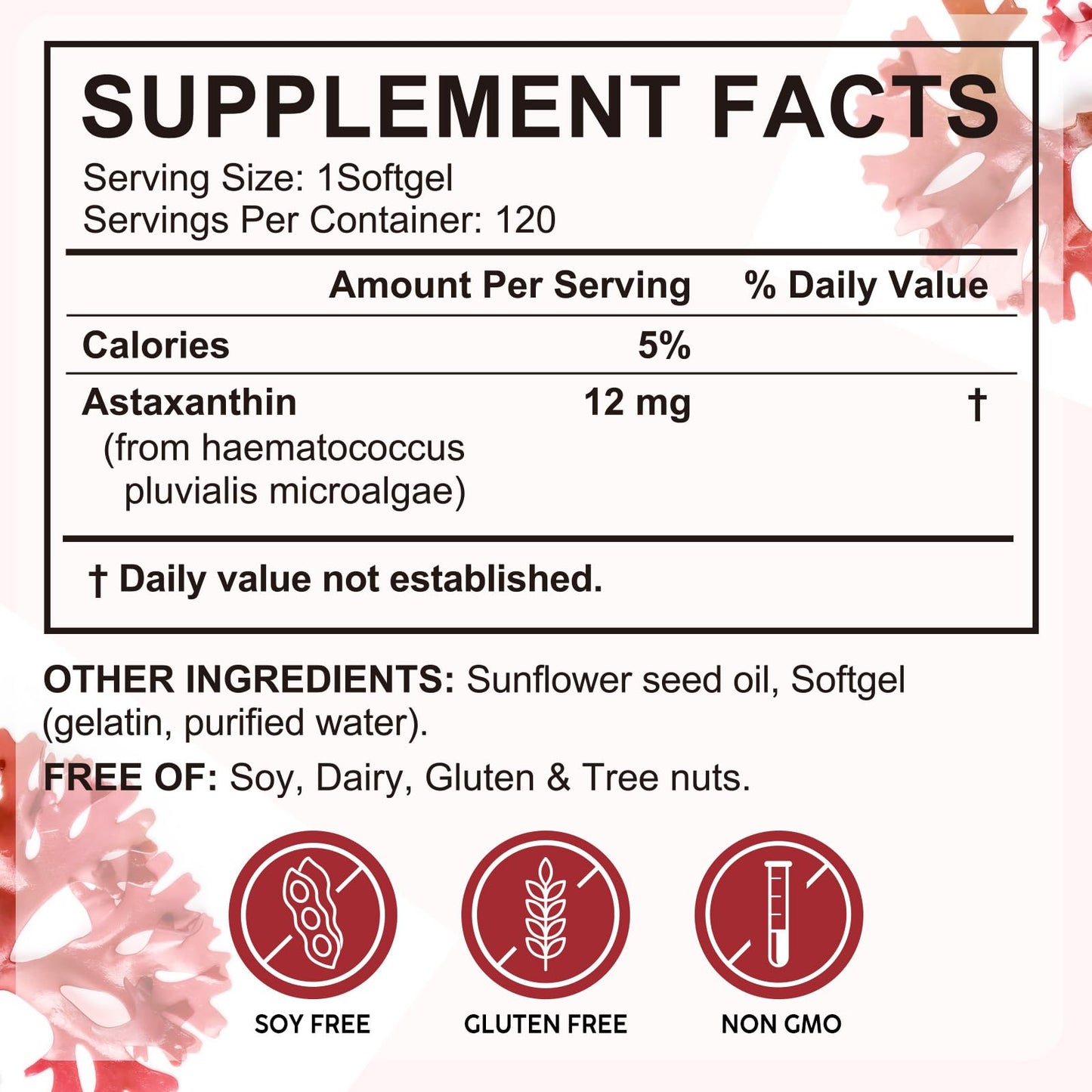 Astaxanthin 12mg Softgels 120 - Premium Antioxidant (Non-GMO & Gluten-Free) for Eye, Skin & Immune Support