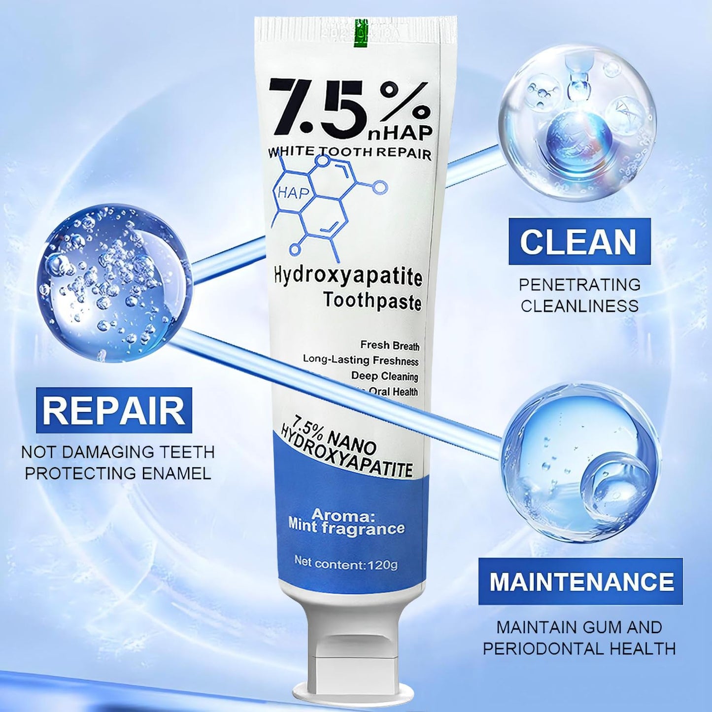 7.5% Hydroxyapatite Toothpaste – Enamel Protection, Fluoride-Free, Fresh Mint