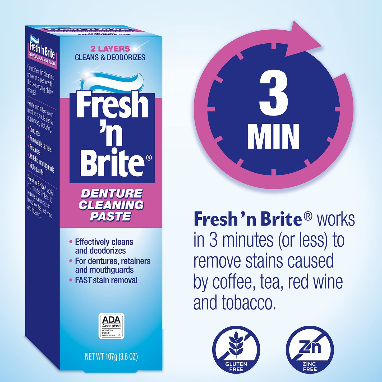 Fresh 'n Brite Denture Cleaning Paste - Pack of 3 (3.8 oz) for Dentures, Removable Partial Dentures, Retainers & Mouthguards | Stain Removal