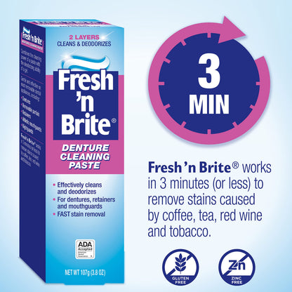 Fresh 'n Brite Denture Cleaning Paste - Pack of 3 (3.8 oz) for Dentures, Removable Partial Dentures, Retainers & Mouthguards | Stain Removal