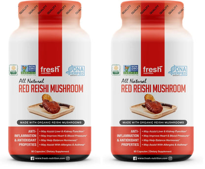 Fresh Nutrition Organic Reishi Mushroom Capsules – Alpha-Glucan Rich Ganoderma Lucidum, 1500mg Serving, Third-Party Tested – 90 Veggie Caps (Pack of 2) BritishVita | Premium UK Vitamins & Wellness Supplements