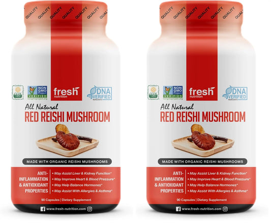 Fresh Nutrition Organic Reishi Mushroom Capsules – Alpha-Glucan Rich Ganoderma Lucidum, 1500mg Serving, Third-Party Tested – 90 Veggie Caps (Pack of 2) BritishVita | Premium UK Vitamins & Wellness Supplements