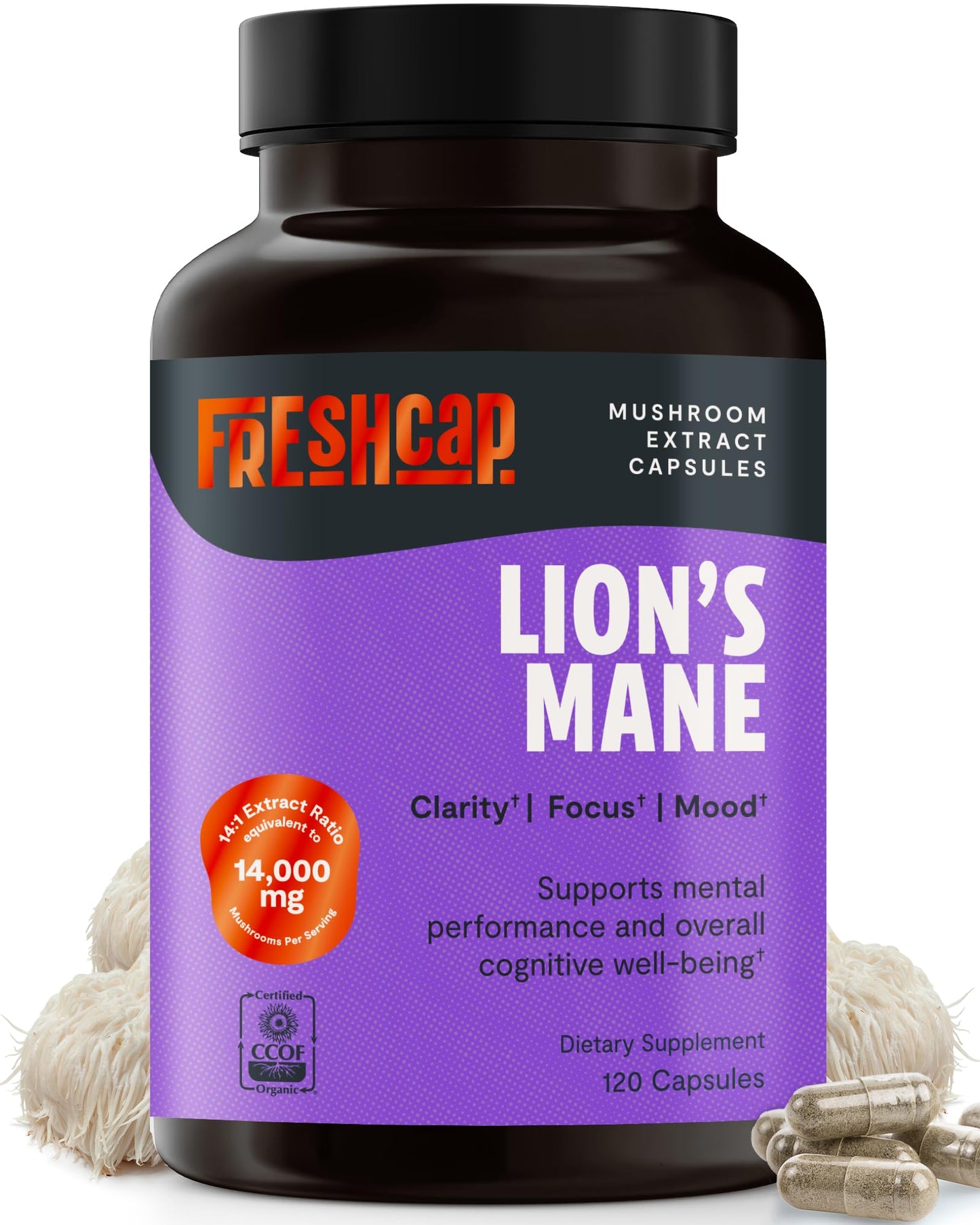 FreshCap Lions Mane Capsules 14,000mg – 14:1 Organic Lion's Mane Extract, Ayurveda Focus, Made in USA (120 Capsules)