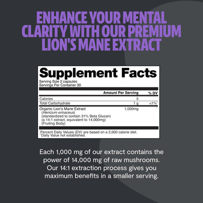 FreshCap Lions Mane 14,000 mg - 14:1 Triple-Extracted, 31% Beta-Glucans | Organic Vegan Capsules (60)