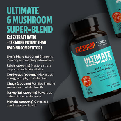 FreshCap Mushrooms Ultimate 12,000mg Complex – Nootropic Brain Support (60 Capsules)