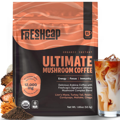 FreshCap Mushrooms Coffee 12,000 mg – Organic 6 Adaptogenic Mushrooms