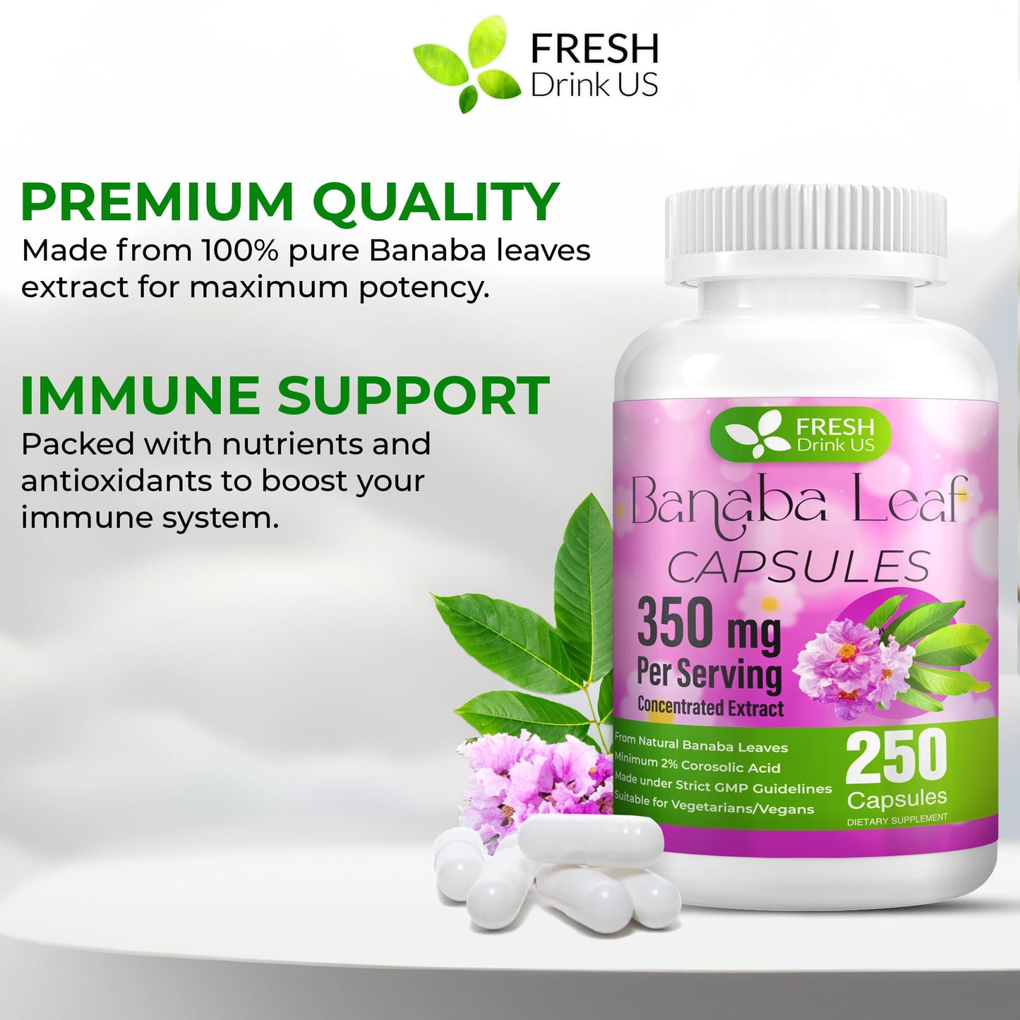 FRESHDRINKUS Banaba Capsules – 350mg per Serving, 250 Vegan Capsules | Gluten-Free, Non-GMO