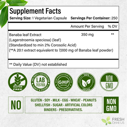 FRESHDRINKUS Banaba Capsules – 350mg per Serving, 250 Vegan Capsules | Gluten-Free, Non-GMO