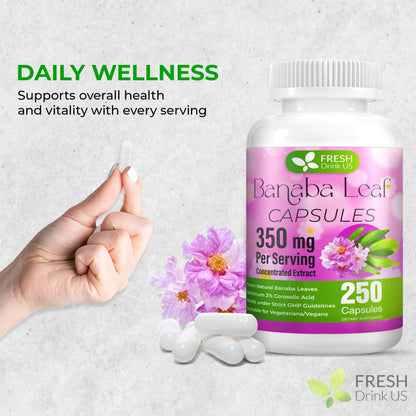 FRESHDRINKUS Banaba Capsules – 350mg per Serving, 250 Vegan Capsules | Gluten-Free, Non-GMO
