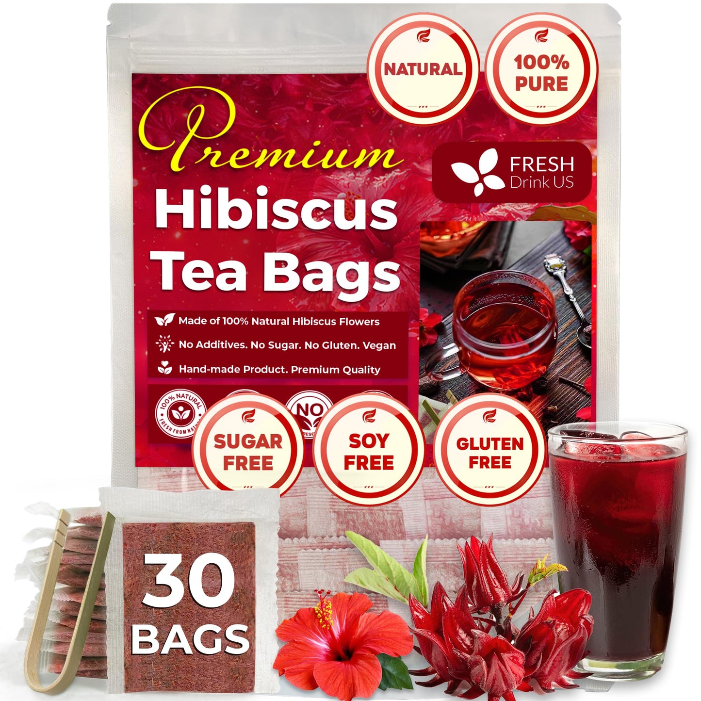 FRESHDRINKUS Premium 30 Hibiscus Flower Tea Bags – 100% Natural & Pure