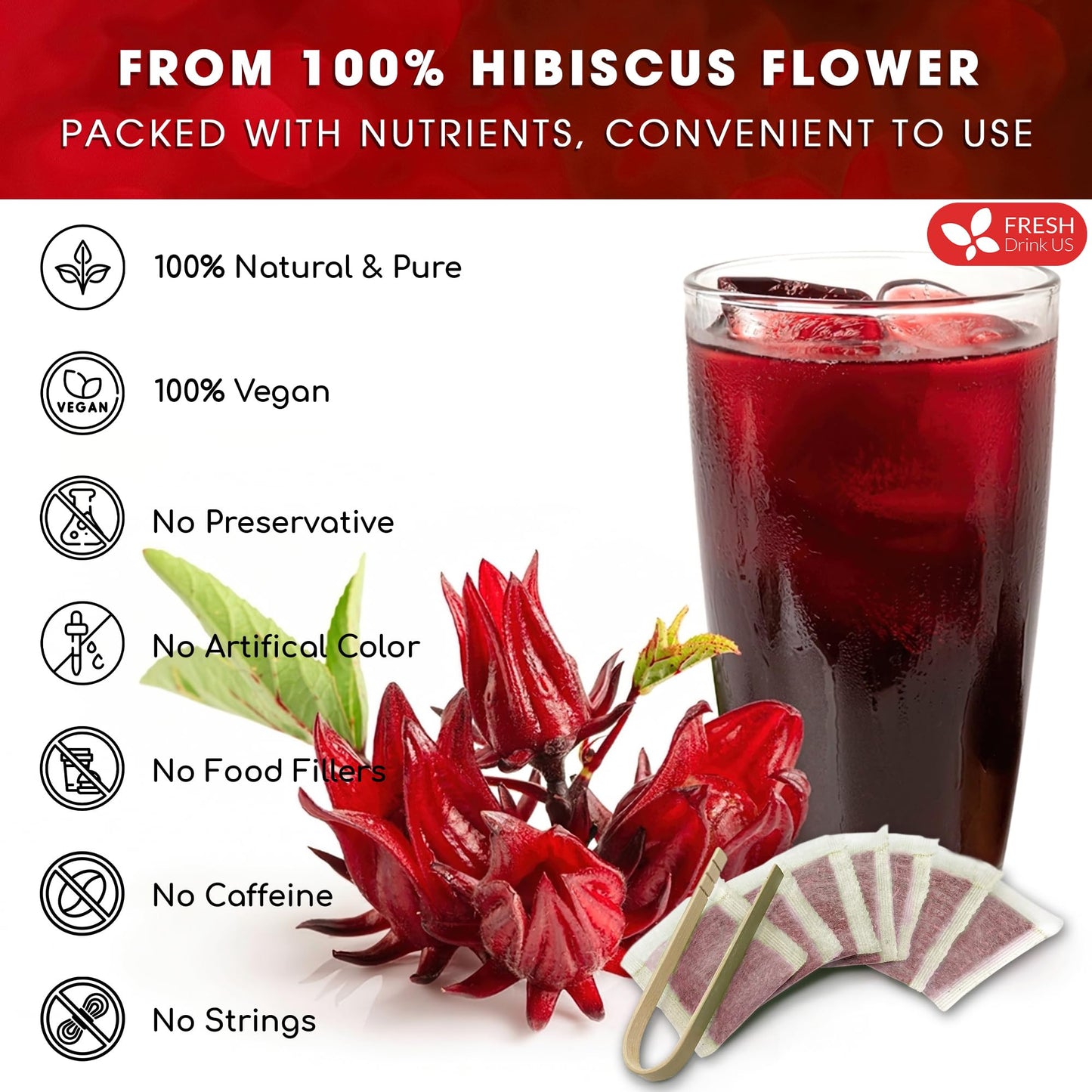 FRESHDRINKUS Premium 30 Hibiscus Flower Tea Bags – 100% Natural & Pure