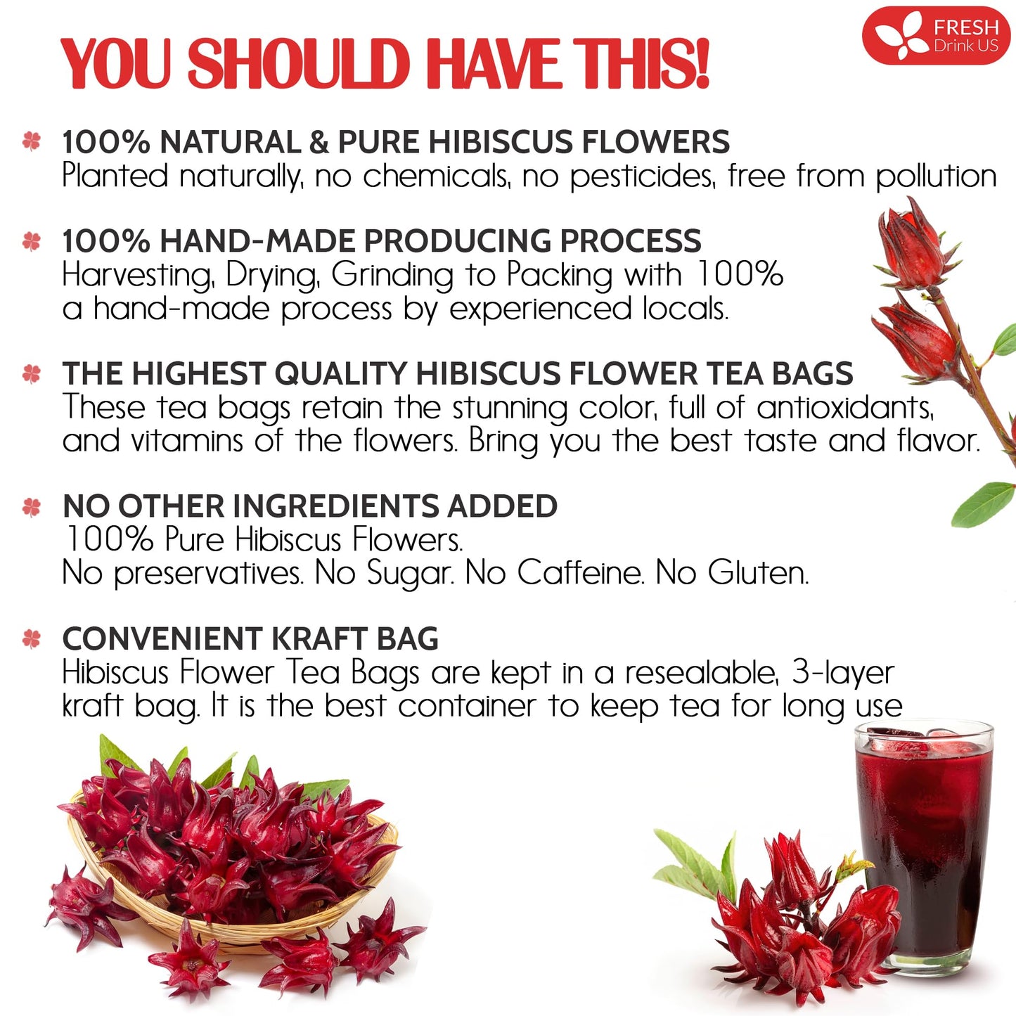 FRESHDRINKUS Premium 30 Hibiscus Flower Tea Bags – 100% Natural & Pure