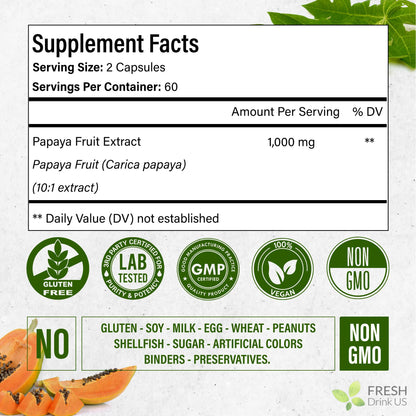FRESHDRINKUS Papaya Capsules – 120 Papaya Extract, 1000mg/Serving, Vegan, Non-GMO, Gluten-Free