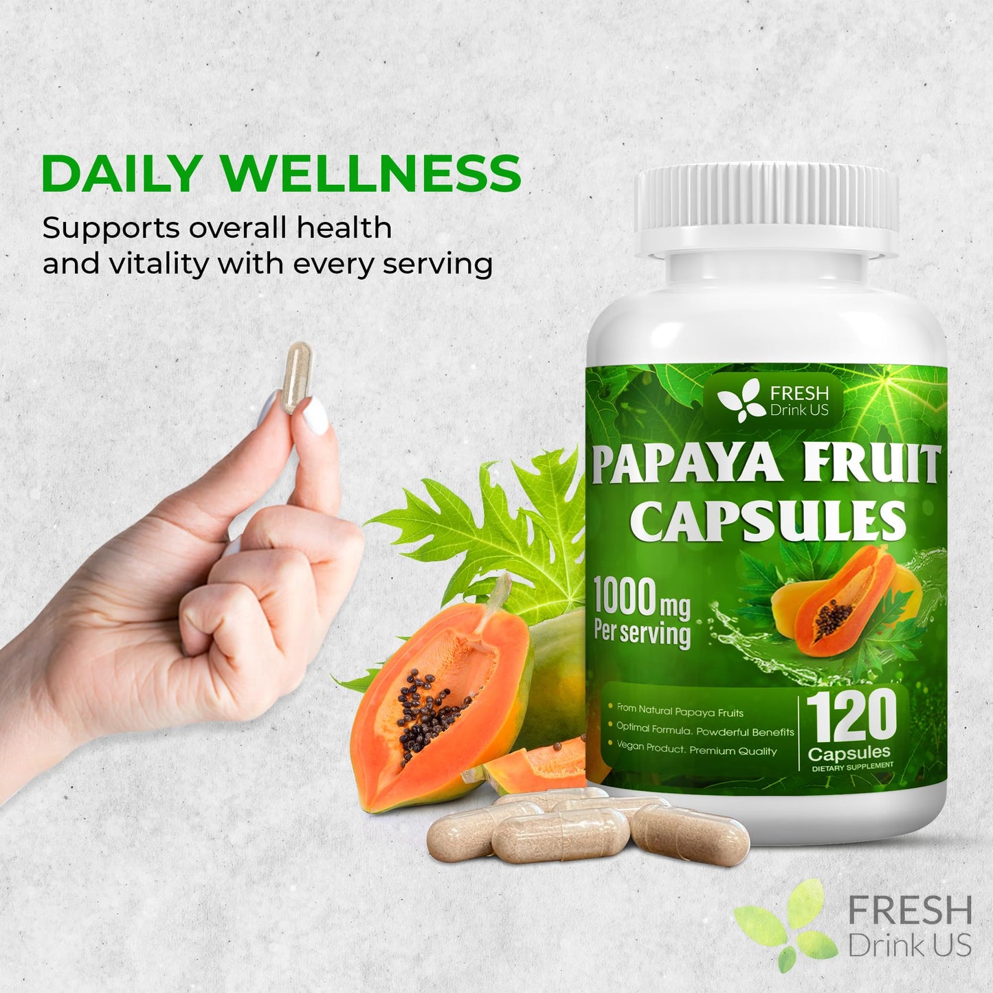 FRESHDRINKUS Papaya Capsules – 120 Papaya Extract, 1000mg/Serving, Vegan, Non-GMO, Gluten-Free