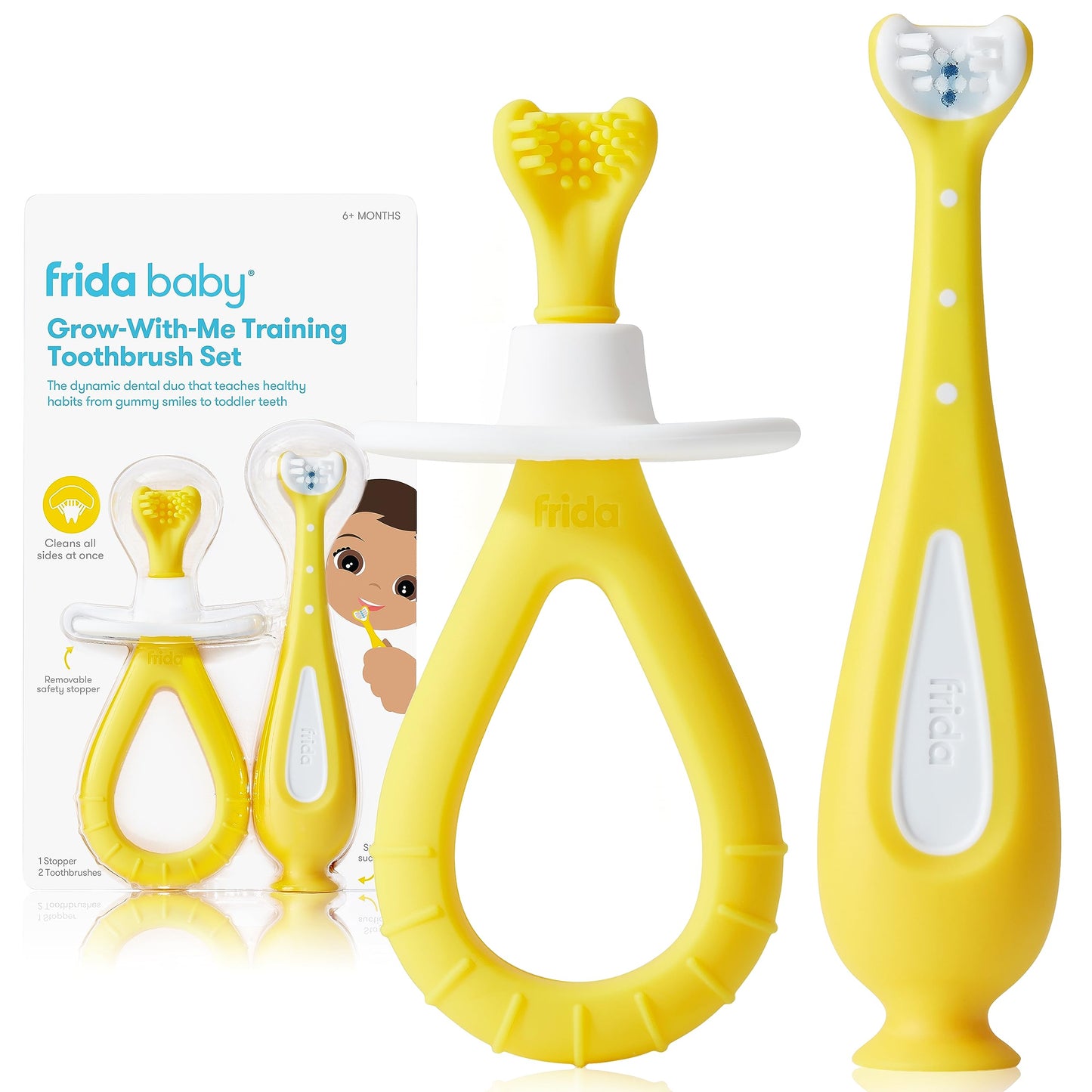 Frida Baby Grow-with-Me Training Toothbrush Set – 6-18 Months | BPA-Free | Yellow