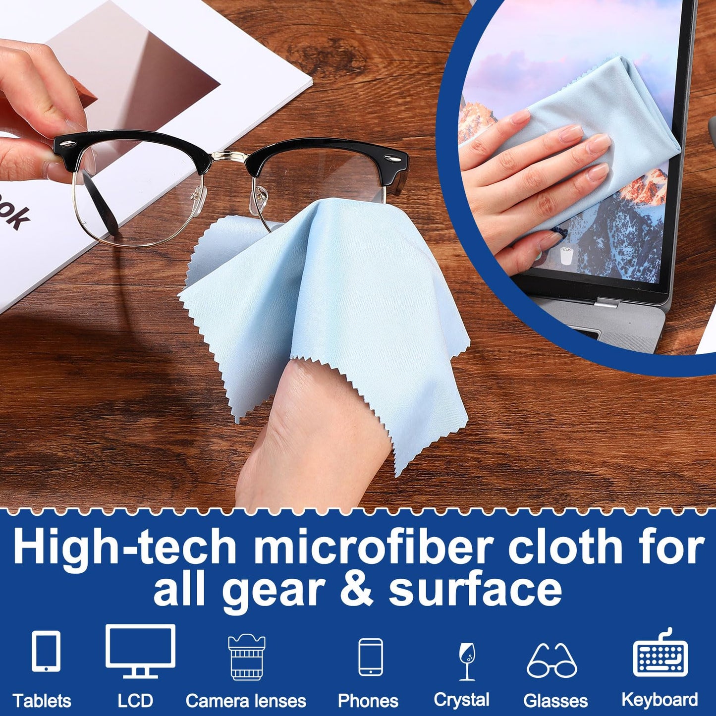 Frienda 50 Pcs Microfiber Cleaning Cloths for Glasses – 7x6 Inch Lens & Screen Cleaning (Blue)