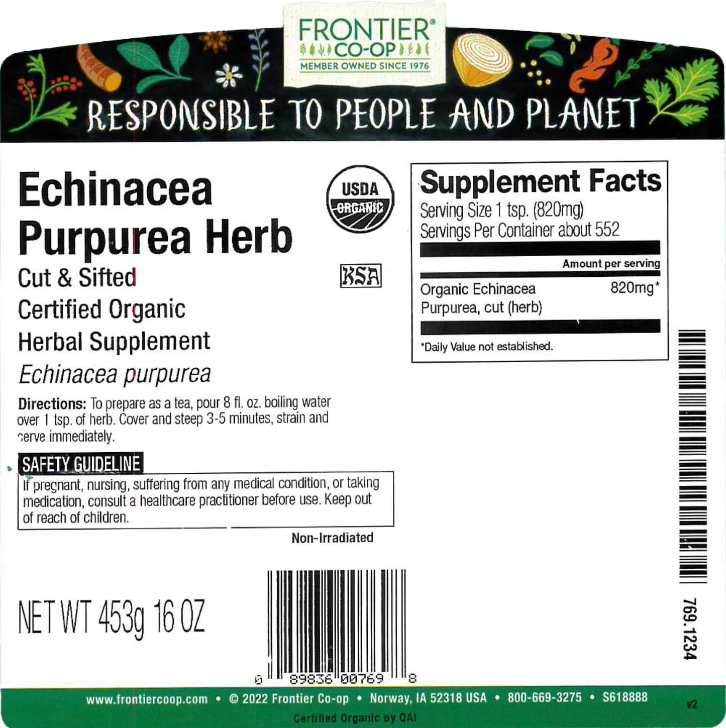 Frontier Co-op Echinacea Purpurea Root - Cut & Sifted, Certified Organic, Kosher | 1 lb Bulk Bag