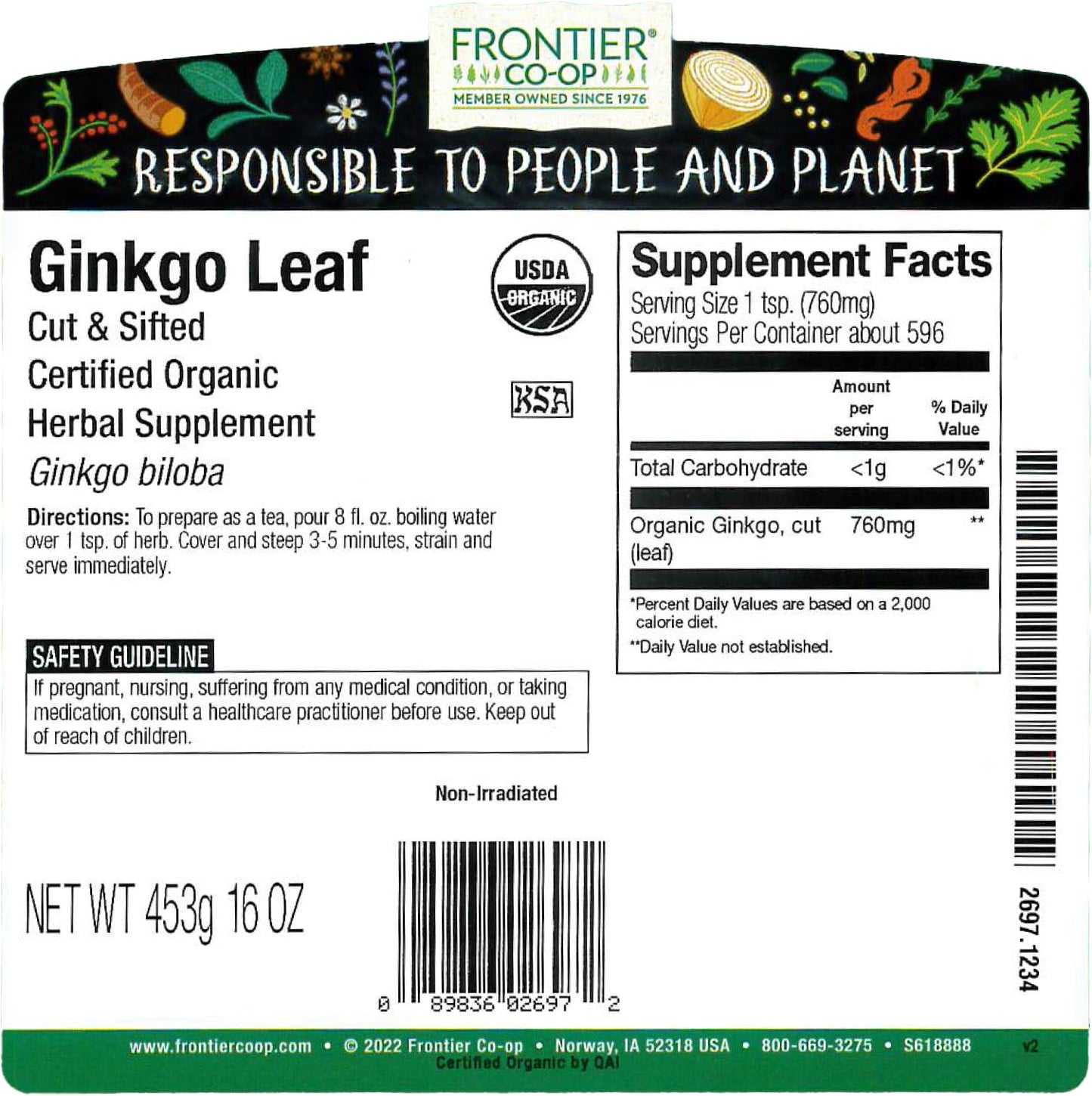 Frontier Co-op Organic Ginkgo Leaf 1lb Bulk, Cut & Sifted - Kosher