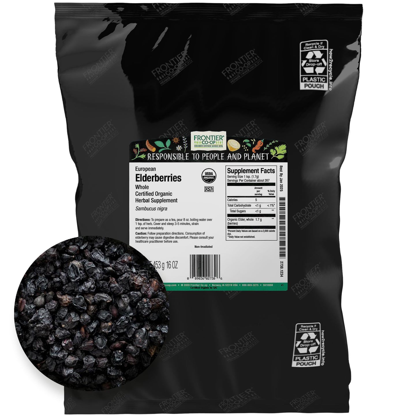 Frontier Co-op Organic Dried Elderberries - 1lb Bulk Bag (European Whole) | Kosher & Non-GMO